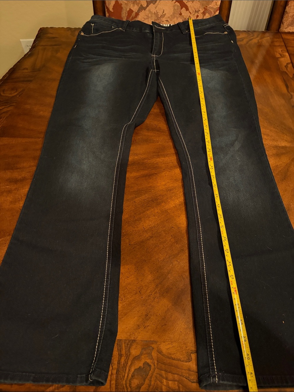 Hydraulic dark wash embroidered boot, cut stretch jeans size 16